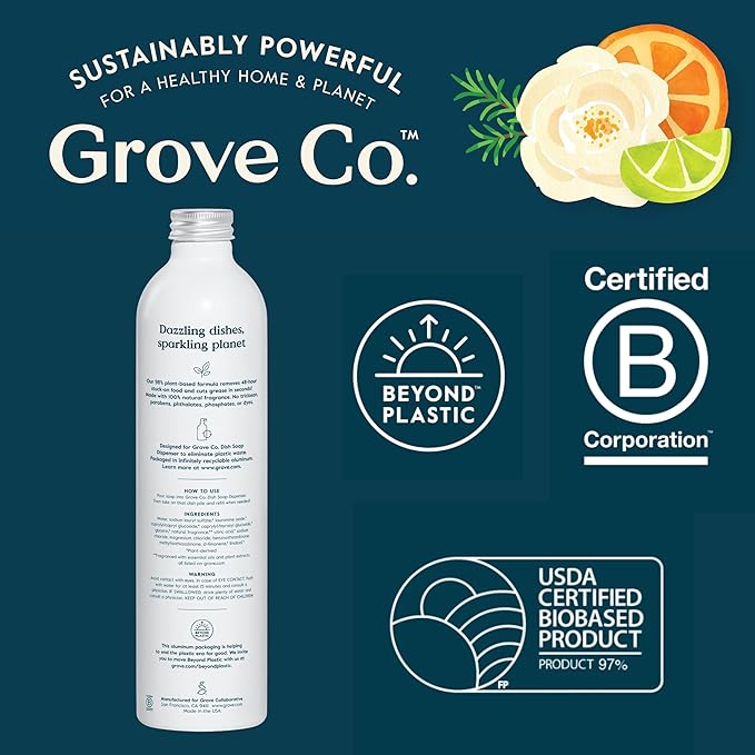 Grove Co. Ultimate Dish Soap Refills (3 x 16 Fl Oz) Removes 48-hour Stuck-on Food and Grease, Plastic-Free Cleaning Products, 100% Natural Lavender Blossom & Thyme Fragrance