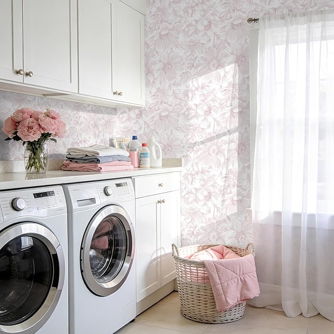 Floral Peel and Stick Wallpaper - Pink White Removable Self adhesive Wall Paper for Decor Walls Bathroom,Bedroom - Boho Flower Waterproof Modern Contact Paper for Cabinets and Drawers, 17.3"×196.8"