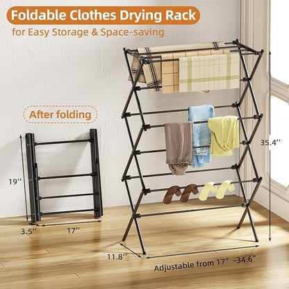Drying Rack Clothing, 3-Tier Clothes Drying Rack Foldable, Antirust Laundry Drying Rack Collapsible Use for Indoor & Outdoor, 11.8" D x 34.6" W x 35.4" H, Black