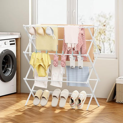 KINGBOARD Clothes Drying Rack, Collapsible Drying Rack Clothing with 11 Poles, 3-Tier Laundry Drying Rack, Small Clothes Drying Rack Foldable for Baby Clothes Sock Towel, 25lb Capacity, White & Grey