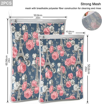 Mesh Laundry Bags Lingerie Bags for Washing Delicates 2 PCS Durable Wash Bag with Zipper Small and Medium Washable Blue French Eiffel Tower and Roses