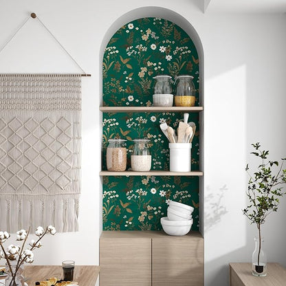 Laatse Dark Floral Wallpaper Peel and Stick 17.5in x 118in Vintage Green Gold Leaf Wallpaper Vinyl Waterproof Self-Adhesive Boho Botanical Wall Paper Mural for Cabinet Bookcase Bedroom Decor