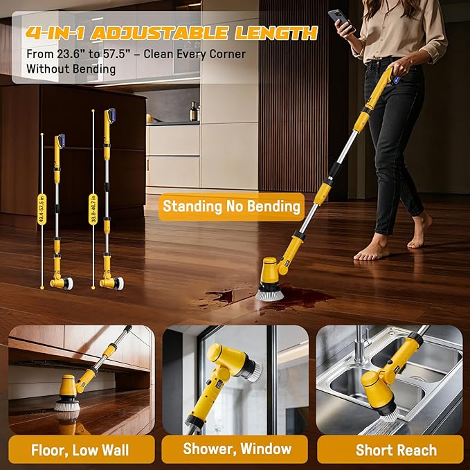 Electric Spin Scrubber Kit with 2.0Ah Battery and Charger, Ecarke 1100RPM Cordless Cleaning Brush 4-Stage Handle, 8 Cleaning Heads for Bathroom/Floor/Tub/Tile, 2 Speeds (680-1100 RPM)