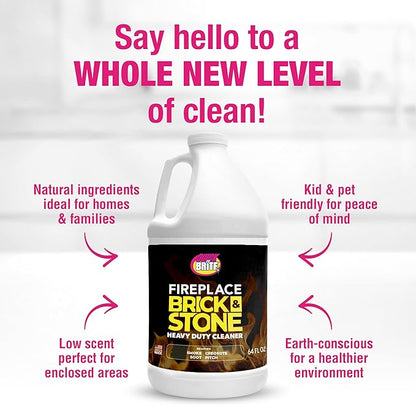 Quick 'n Brite Fireplace Brick and Stone Cleaner 64oz - Natural Stone, Tile, and Marble Cleaner with Scrub Brush - Indoor Fireplace and Wood Stove Cleaning Kit - Pellet Stove Creosote Remover