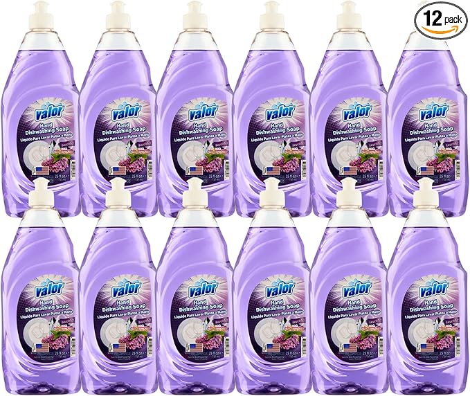 Valor Dishwashing Liquid, 25 fl oz – Dish Soap for Kitchen & Bathroom, Grease-Fighting, Gentle on Hands, Fast Rinse, Eco-Friendly Biodegradable Formula (25 fl oz (Pack of 12), Lavender)