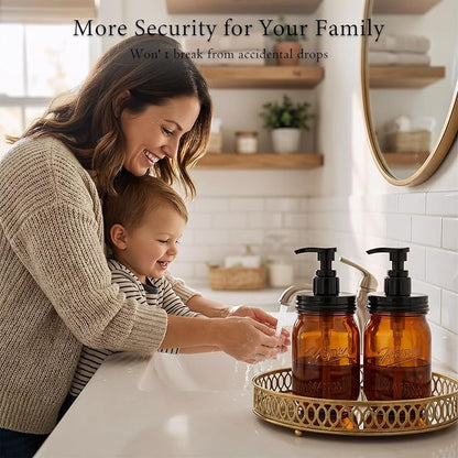 Amolliar Plastic Mason Jar Soap Dispenser with Pump Lid,16OZ Refillable Hand Soap Dispenser Set with Cute Lables - Farmhouse Decor for Kitchen Bathroom, Liquid Soap, Dish Soap, Lotion (2 Pack, Amber)
