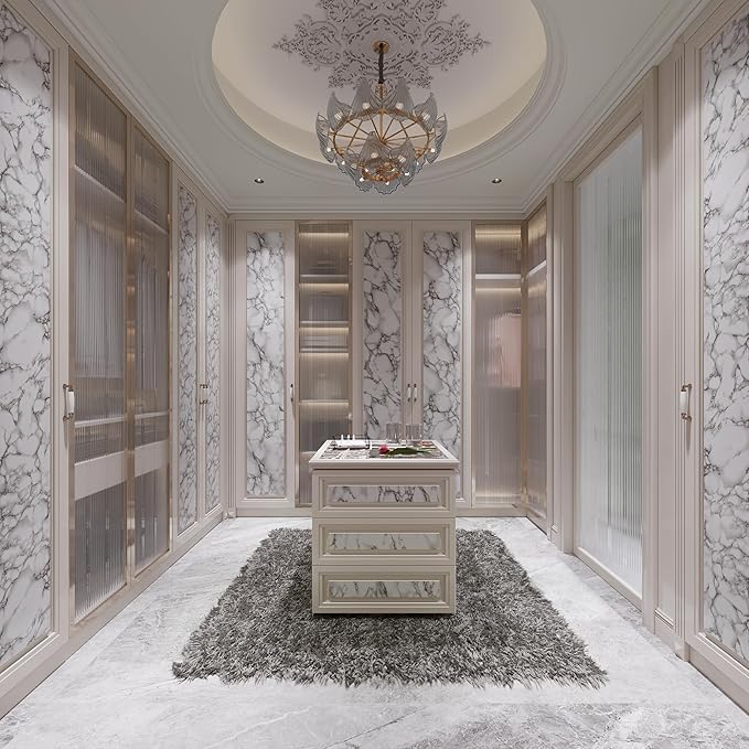 JSEVEM 31"×157" Extra Wide Thick White Grey Marble Wallpaper Peel and Stick Glossy Textured Cream Gray Granite Contact Paper Vinyl DIY Waterproof Wall Tile Sticker for Kitchen Bedroom Bathroom Walls