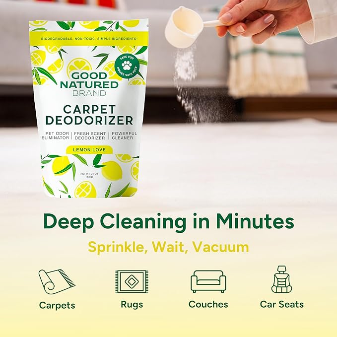 Good Natured Brand | Carpet Deodorizer & Freshener Powder | 31 oz Pet Odor Eliminator for Strong Odor & Pet Urine | Fresh Natural Lemon Scent | Safe for Homes with Pets