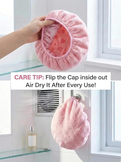 Auban Shower Cap, Shower Cap for Women Terry Cloth Lined EVA Exterior Reusable Double Layer Waterproof, Large Bath Hair Cap, Hotel Travel Essentials Accessories Cleaning Supplies(Pink)