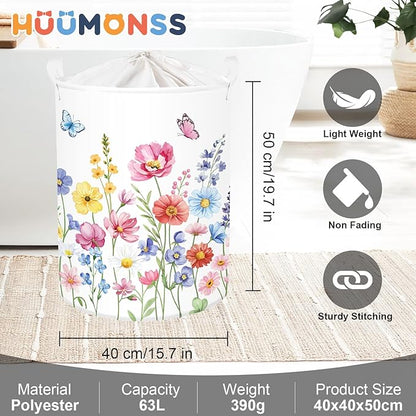Colourful Flowers Laundry Hamper Large Storage Basket Floral Collapsible Adult Organizer Kids Clothes Toys Bins for Bedroom, Bathroom, Pinkish Purple, 63L