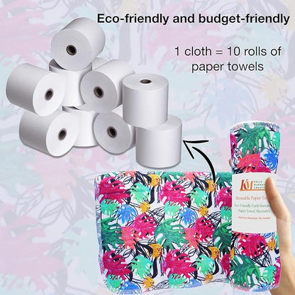 Pack of 10 Reusable Paper Towels | 10x10 Inch Cotton Towels | Kitchen Utensils Print | Eco Friendly, Washable, Quick Drying | Sustainable Cleaning Cloths | Colorful Leaves