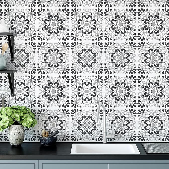 AM AMAONM 10pcs 20x20cm Removable Square Vintage Floral Pattern Tile Stickers 3D Decorative Peel and Stick Vinyl Self Adhesive Wall Tiles Decor Decals for Kitchen Backsplash Bathroom Furniture (B)