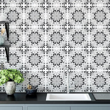 AM AMAONM 10pcs 20x20cm Removable Square Vintage Floral Pattern Tile Stickers 3D Decorative Peel and Stick Vinyl Self Adhesive Wall Tiles Decor Decals for Kitchen Backsplash Bathroom Furniture (B)