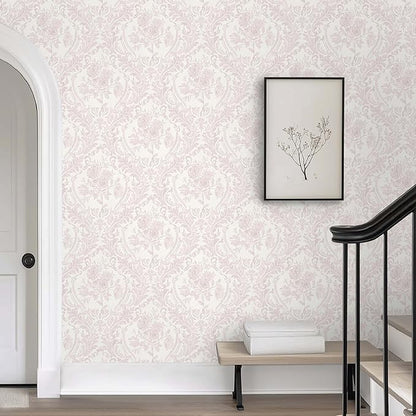 Ismoon Peel and Stick Wallpaper Vintage Floral Contact Paper Boho Watercolor Pink Damask Wallpaper Textured Removable Self Adhesive Vinyl Wall Paper for Bedroom, 17.3inx49ft