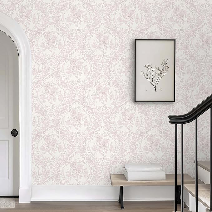 Ismoon Peel and Stick Wallpaper Vintage Floral Contact Paper Boho Watercolor Pink Damask Wallpaper Textured Removable Self Adhesive Vinyl Wall Paper for Bedroom, 17.3inx49ft