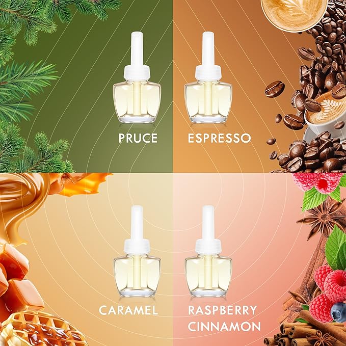Plug In Air Freshener Refills for Home, 12 Count, Spruce, Caramel, Espresso & Raspberry Cinnamon Scents for Bathroom & Office, Compatible with Air Wick & Glade, Not Include Glade Plus