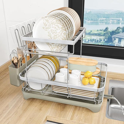 2-Tier Dish Drying Rack for Kitchen Counter, 304 Stainless Steel Dish Rack with Adjustable Drainboard, Removable Utensil Holder & Water Tray, Grey