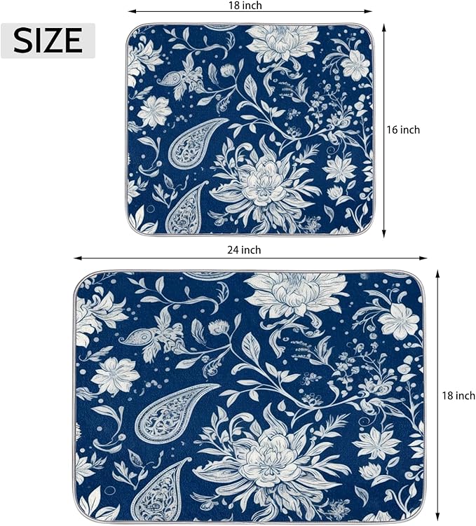 Dish Drying Mats with Hanging Loop for Kitchen Counter - Super Absorbent & Microfiber Sink Dry Mat with Paisley Floral Paisley Floral, Non-Slip Backing, Dishes, Sink, Countertop Protection 18"x24"