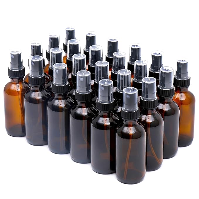 NOOEEISS Amber Glass Small Spray Bottle 2 oz 24 Packs,Fine Mist Sprayer Small Clear Bottles,Refillable Containers mini spray bottles for Cleaning Solutions and Skin Care (Amber 24pcs)