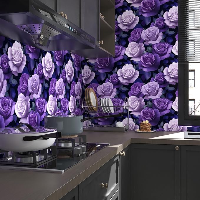 Purple Peel and Stick Wallpaper, Vintage Purple Rose Floral Pattern Wallpapers, Dark Romance Flower Self Adhesive Contact Paper Wall Decor for Bedroom Bathroom Drawer Bookshelf 17.5In x 9.8Ft