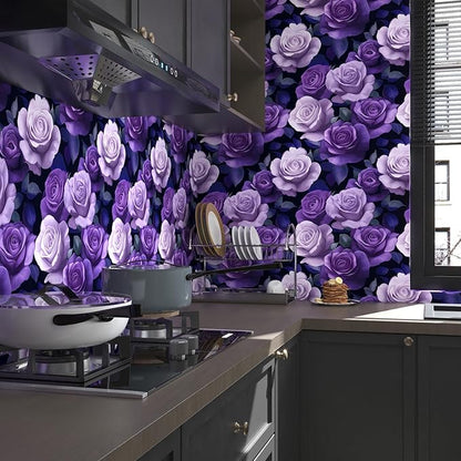Purple Peel and Stick Wallpaper, Vintage Purple Rose Floral Pattern Wallpapers, Dark Romance Flower Self Adhesive Contact Paper Wall Decor for Bedroom Bathroom Drawer Bookshelf 17.5In x 9.8Ft