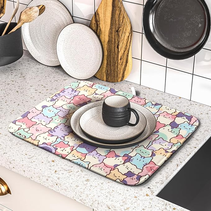 Colorful Cats Dish Drying Mat 16x18 inch Cute Animal Microfiber Reversible Fast Dry Dishes Drainer Rack Pad for Counter Kitchen Table Decor