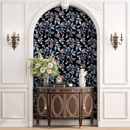 Dark Peel and Stick Wallpaper Vintage, Black Blue Leaf Removable Self-Adhesive Vinyl Contact Paper for Bathroom Bedroom Drawer Cabinet, Black Navy Gold Floral Design Retro Style 17.5" x 118"