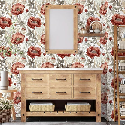 Jeweluck Floral Peel and Stick Wallpaper Boho Floral Contact Paper 16.9inch x 118.1inch Vintage Flowers Wall Paper Botanical Self Adhesive Removable Wallpaper for Bathroom Bedroom Waterproof Vinyl