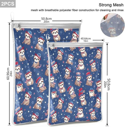 Mesh Laundry Bags Lingerie Bags for Washing Delicates 2 PCS Durable Wash Bag with Zipper Small and Medium Washable 4th July Sloths Blue