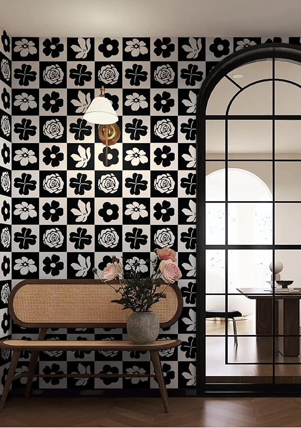 Dimoon 17.3''x78.7'' Peel and Stick Wallpaper Black White Floral Contact Paper Geometric Retro Vintage Thickening Embossed Cream Flower Renter Friendly Wall Paper Boho Aztec Bedroom Vinyl Wrap Roll