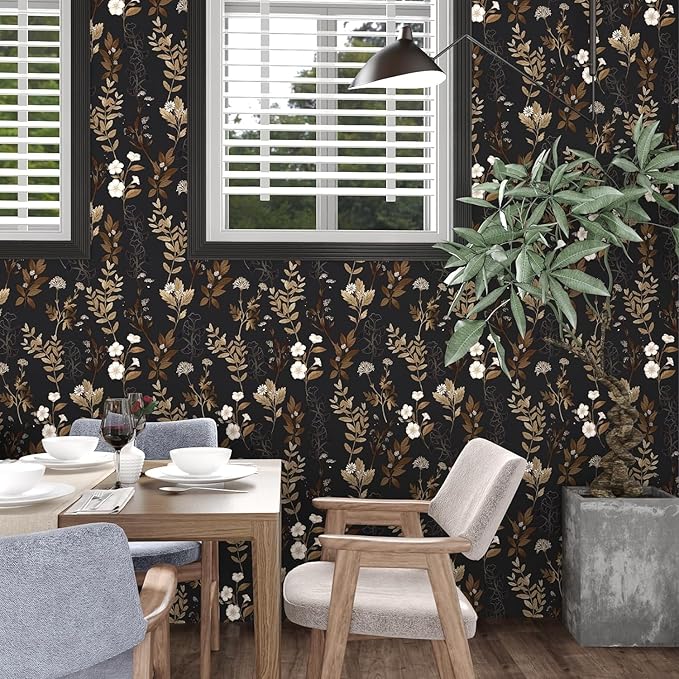 Fvlow Vintage Black Floral Self Adhesive Shelf Liner Wallpaper 17.4" x 78", Retro Brown Gold Leaf Design Wall Paper Contact Paper Waterproof Wall Covering for Countertop Desk Cabinets Drawer Liner
