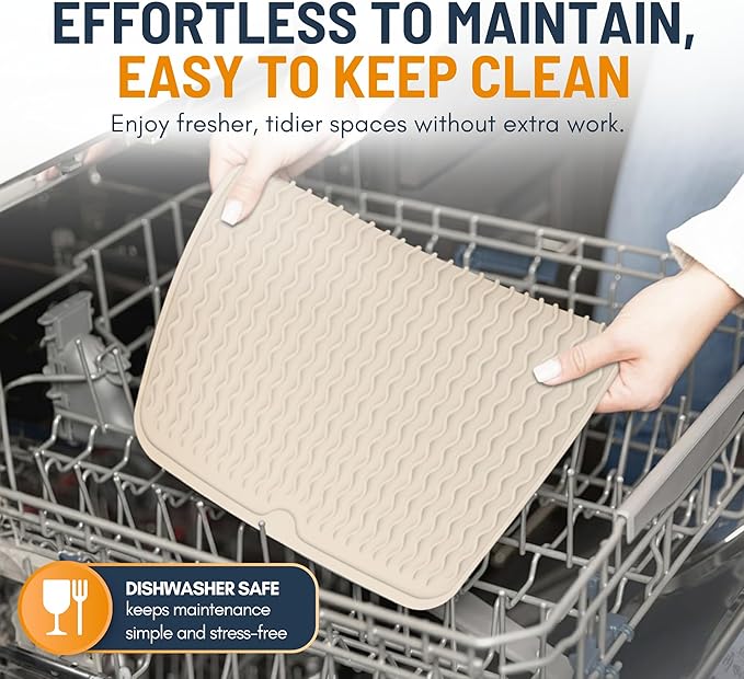 Silicone Dish Drying Mat for Kitchen Counter - Multi-Use 18 x 16 Inch Pad, Non-Slip & Heat-Resistant, Perfect Dish Drainer Mat by Linda’s Essentials, Ideal Kitchen Accessory (Beige)