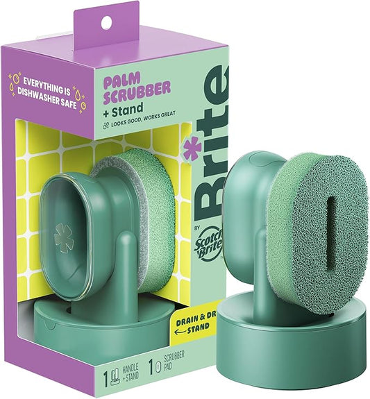 Brite by Scotch-Brite Palm Scrubber with Drain + Dry Stand, Household and Kitchen Sponge for Washing Dishes with Comfy Grip, 1 Scrub Sponge with Soap Dispenser