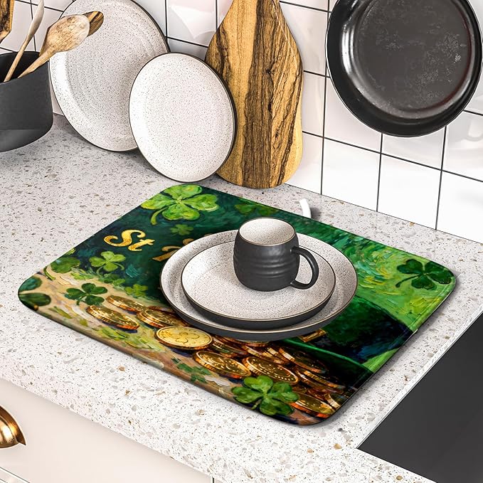St Patrick's Day Dish Drying Mat for Kitchen Counter 16x18 Gold Green Lucky Clover Hat Coin Happy Holiday Absorbent Reversible Microfiber Drying Mats Kitchen Countertop Protector Dishes Drainer Pad