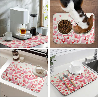 Happy Valentines Day Dish Drying Mat Valentine Drying Matt Kitchen Counter Love Heart Dish Dry Mats 18x24 Inch Large Absorbent Kitchen Decor Under Coffee Maker