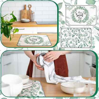 Zonon Dish Drying Mat for Kitchen Counter 16 x 24 Microfiber Absorbent Dish Drainer Rack Pads Fast Dry Mat Vintage Kitchen Decorations(Green,16" X 24",Eucalyptus Leaves)