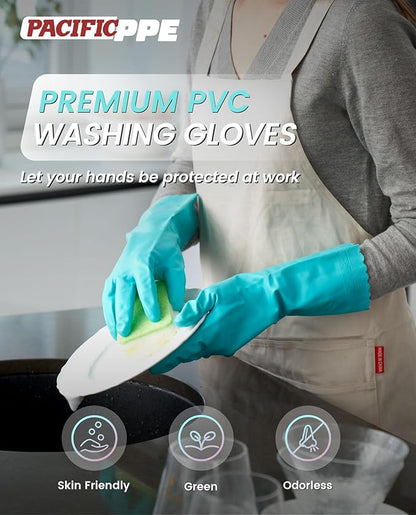 PACIFIC PPE 2 Pairs Reusable Dishwashing Cleaning Gloves with Latex Free, Cotton Lining, Kitchen Gloves, Green, Large