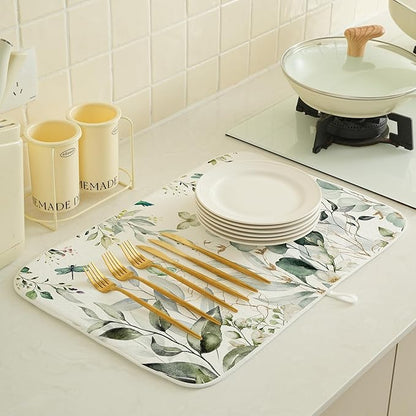 Spring Dish Drying Mat 18x24 Inches For Kitchen Counter Absorbent Green Floral Birds Leaves Kitchen Decor Drying Mat Summer Flower Decorative Pad For Home Kitchen Decor,Dining Room,Office Decor