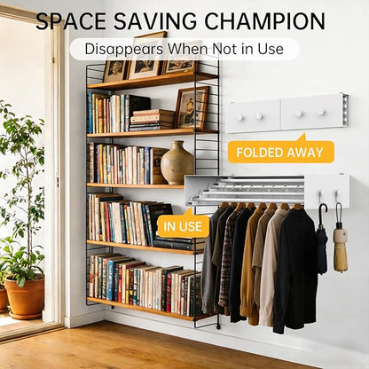 Wall Mounted Drying Rack with Hooks - Retractable Clothes Drying Rack with 4 Movable Hooks & 2 Knobs, 60LBS Heavy Duty Laundry Hanger, Foldable Wall Rack for Mudroom, Bathroom & Entryway