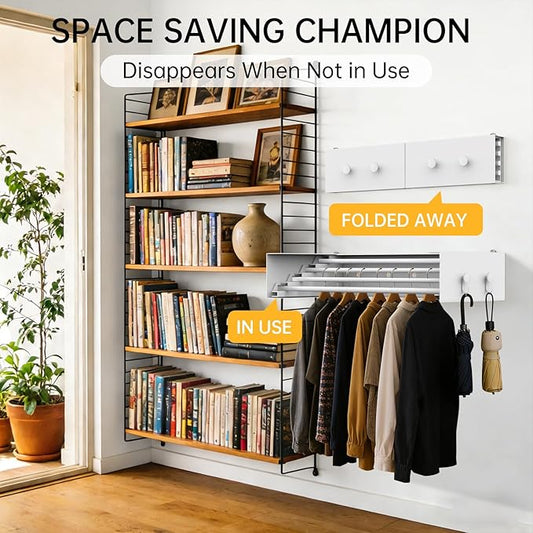 Wall Mounted Drying Rack with Hooks - Retractable Clothes Drying Rack with 4 Movable Hooks & 2 Knobs, 60LBS Heavy Duty Laundry Hanger, Foldable Wall Rack for Mudroom, Bathroom & Entryway
