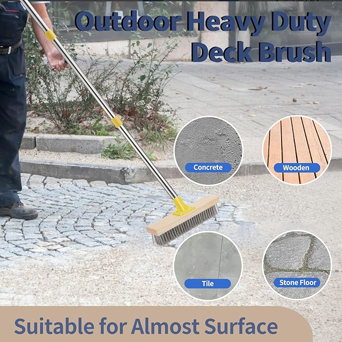 Stainless Steel Deck Brushes for Scrubbing Heavy Duty, 60" Concrete Floor Scrub Brush with Long Handle, Metal Stiff Wire Scrubber Broom for Cleaning Moss, Garage, Patio, Garden, Outdoor Stain