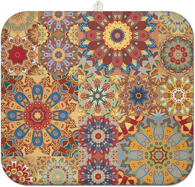 Boho Dish Drying Mat for Kitchen Countertops, Bohemian Floral Microfiber Drying Mat, Washable Absorbent Farmhouse Plaid Kitchen Countertop Dish Drainer, 16x18 Inch