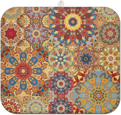 Boho Dish Drying Mat for Kitchen Countertops, Bohemian Floral Microfiber Drying Mat, Washable Absorbent Farmhouse Plaid Kitchen Countertop Dish Drainer, 16x18 Inch