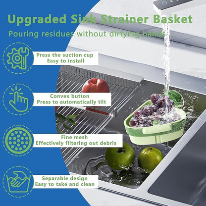 Kitchen Sink Strainer Basket, Suction Cup Press-to-attach Sink Filters, Upgraded Automatic Tipping Sink Filter Basket, Faucet Sponge Storage Shelf, Corner Sink Strainers (Green)