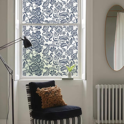 DKTIE Blue Bohemian Seamless Decorative Privacy Window Film Patterns Stain Glass Window Film for Glass, Anti-UV Anti-Glare Heat Blocking (S656, 17.7in X 78.7in)