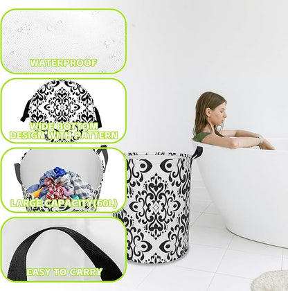 Vintage Damask Laundry Basket Foldable Laundry Hamper Waterproof Oxford Cloth Large Laundry Basket Clothes Storage Bucket Toy Organizer For Bathroom, Laundry, College 17.3 x16.5 Inch