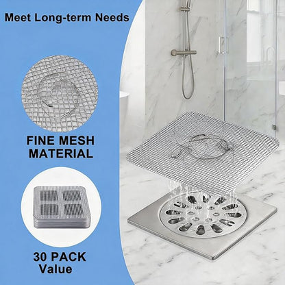 Disposable Shower Drain Hair Catcher 30 Pack, Waterproof Peel and Stick Mesh Drain Strainer Stickers for Shower, Bathtub, Bathroom Sink, Laundry and Tub Drains — Hair Trap Clog Prevention