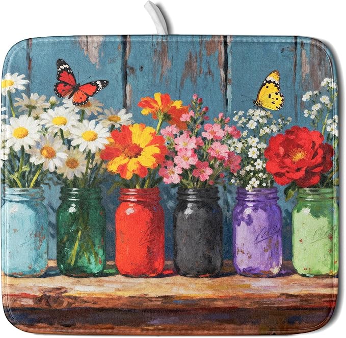 Spring Summer Floral Dish Drying Mat for Kitchen Counter 16x18 Woodgrain Colorful Flower Butterfly Seasonal Absorbent Reversible Microfiber Drying Mats Kitchen Countertop Protector Dishes Drainer Pad