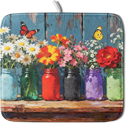 Spring Summer Floral Dish Drying Mat for Kitchen Counter 16x18 Woodgrain Colorful Flower Butterfly Seasonal Absorbent Reversible Microfiber Drying Mats Kitchen Countertop Protector Dishes Drainer Pad