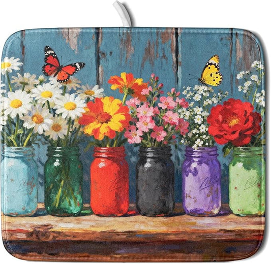 Spring Summer Floral Dish Drying Mat for Kitchen Counter 16x18 Woodgrain Colorful Flower Butterfly Seasonal Absorbent Reversible Microfiber Drying Mats Kitchen Countertop Protector Dishes Drainer Pad